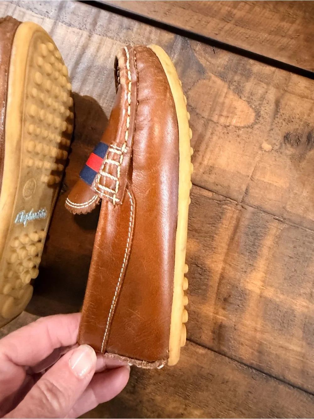 Elephantito Brown Leather Kids Loafers with Navy & Red Stripe